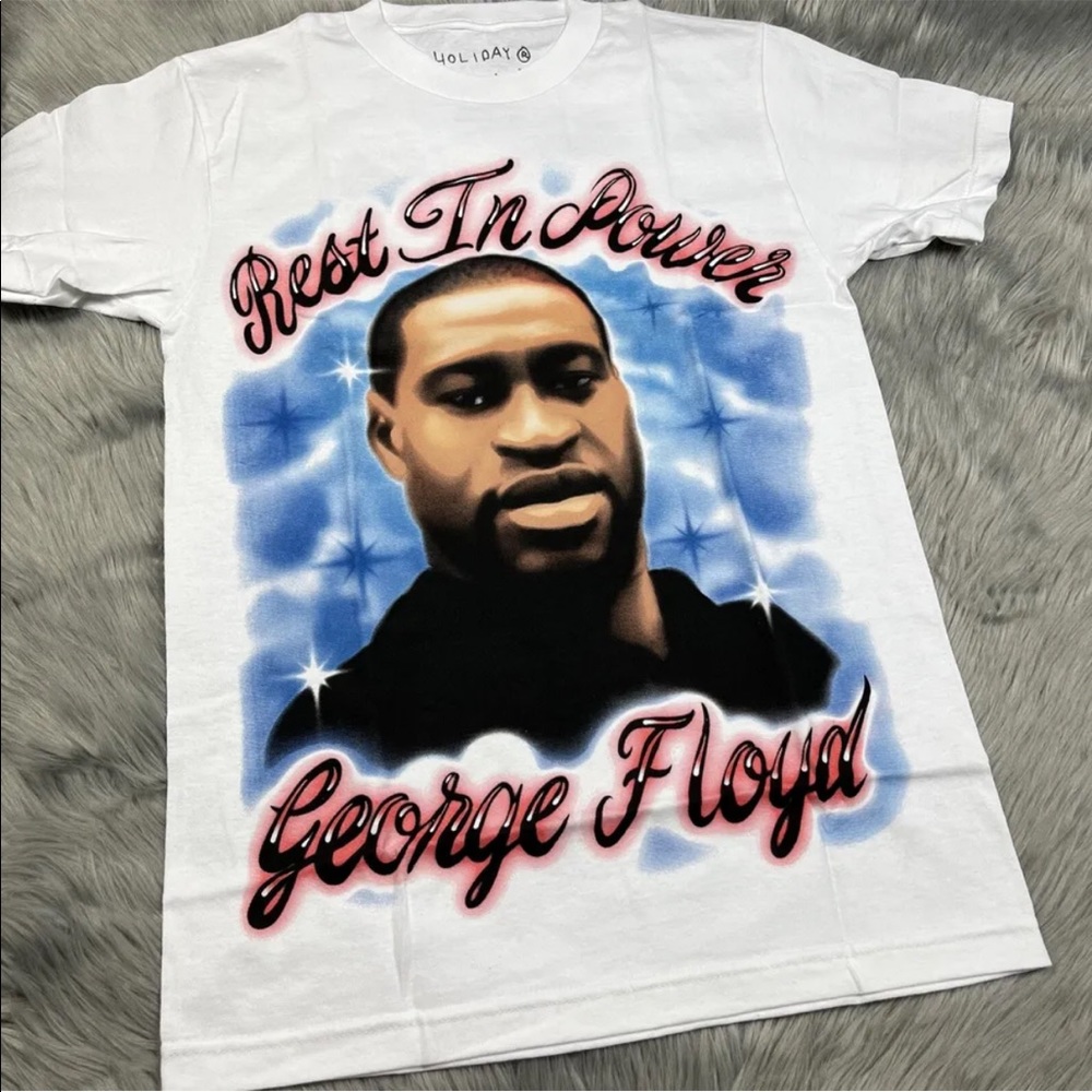Holiday Brand Airbrush George Floyd RIP BLM White T Shirt Size Small
